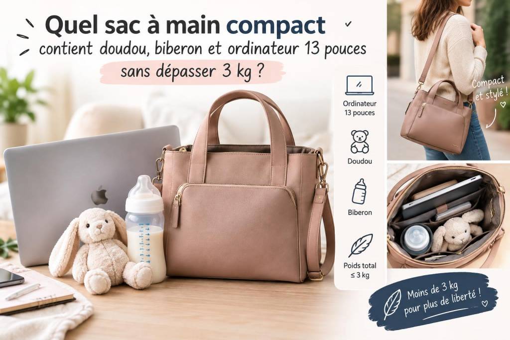 Quel sac à main compact contient doudou, biberon et ordinateur 13 pouces sans dépasser 3 kg